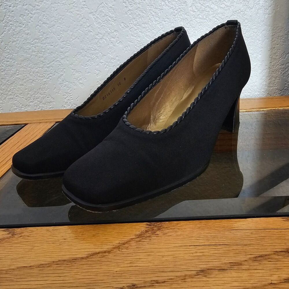 Stuart Weitzman vintage black square toe block heel pumps braided trim 10 B